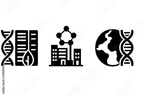 Future Data Ecosystem. Solid style icons of future data storage ecosystems: DNA server farm, molecule database center, global