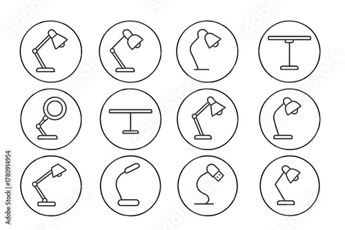 Workspace Lighting Icons. Line style icons of workspace lighting in round shape: task lamp, architect lamp, clamp lamp, monitor
