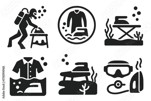 Underwater Ironing Icons. Solid style icons of ironing in water environments: diver with iron icon, wetsuit ironing badge,