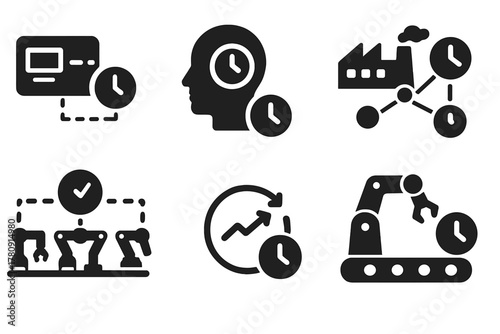 Cyber-Physical Time Icons. Solid style icons of cyber-physical time systems: digital + physical time sync, smart system with clock