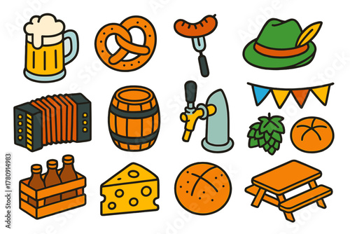 Oktoberfest Icon Set. Isometric vector illustration set Traditional Oktoberfest Linear Icons: beer stein, pretzel, grilled sausage
