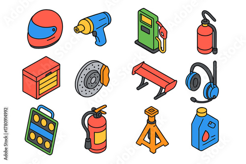 Motorsport Equipment Icons. Isometric vector illustration set Motorsport Equipment Outline Style: pit crew helmet, wheel gun, fuel