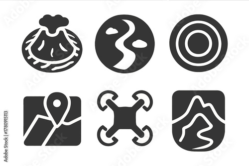Drone Landscape Icons. Solid style icons of landscape drone views: volcano from above glyph, trail view icon, aerial badge.