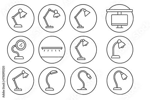 Workspace Lighting Icons. Line style icons of workspace lighting in round shape: task lamp, architect lamp, clamp lamp, monitor