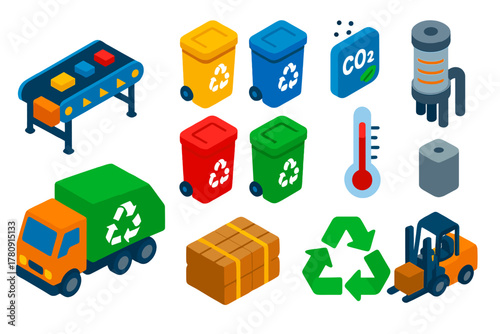 Industrial Recycling Icons. Isometric vector illustration set Industrial Recycling Icons: sorting conveyor, paper bin, plastic bin