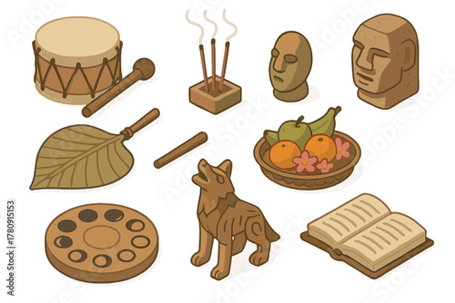 Cultural Ritual Artifacts. Isometric vector illustration set of Cultural rituals: prayer drum, blessing incense sticks, elder’s