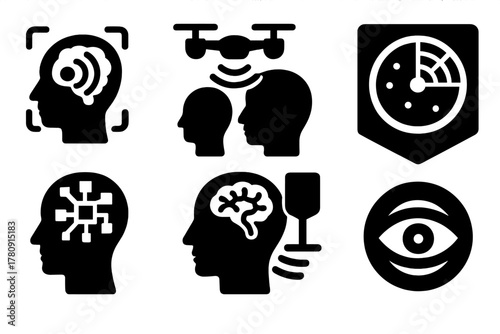 Surveillance Icon Set. Solid style icons of surveillance thought systems: thought scanner glyph, drone mind sweep, privacy breach