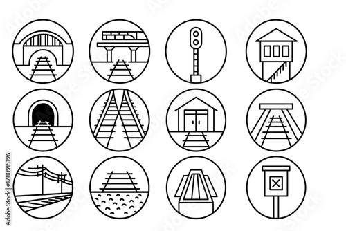 Rail Infrastructure Icons. Line style icons of rail infrastructure in round shape: bridge over tracks, elevated rail, signal tower