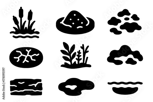 Terrain Risk Icons. Solid style icons of terrain types with risk: swamp bed glyph, sand pit icon, wet mud badge. Clay patch ring,