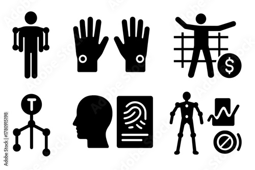 Body Motion Tech Icons. Solid style icons of body-motion minting tech: motion-sensor rig icon, gesture capture pads, performer
