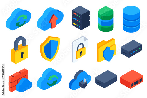 Cloud Backup Icons. Isometric vector illustration set Backup Cloud Icons: backup arrows, cloud upload, server rack, database