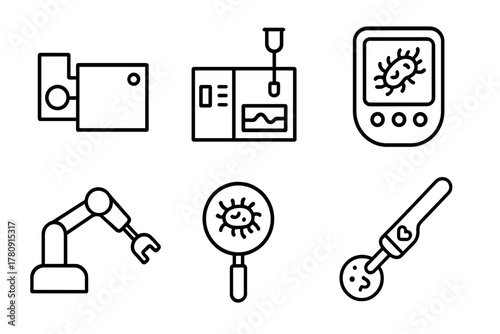 Life Detection Tools Icons. Line style icons of life detection tools: mass spectrometer, gas chromatograph icon, biosignature