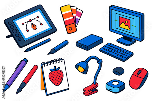 Graphic Design Toolkit. Isometric vector illustration set design tools for graphic designers and creatives: professional drawing