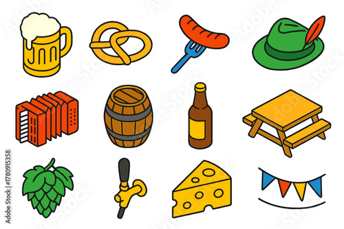 German Heritage Icons. Isometric vector illustration set German Heritage Linear Icons: beer stein, pretzel, grilled sausage,