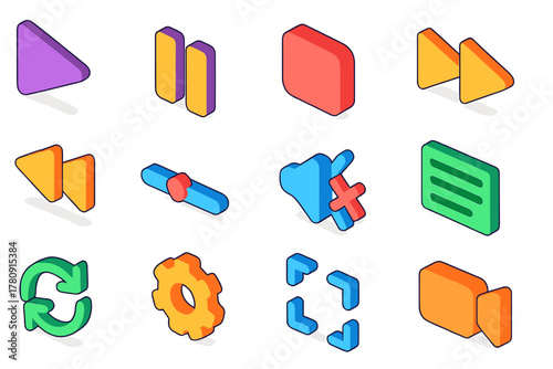 Bright Multimedia Icons. Isometric vector illustration set Multimedia Player Icons: play triangle, pause lines, stop square, skip