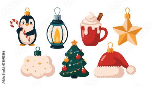 Holiday Ornament Assortment: A collection of festive ornaments, featuring a charming penguin with a candy cane, a cozy lantern, a comforting hot cocoa mug, a radiant star.