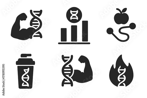 Fitness Gene Icons. Solid style icons of fitness and nutrigenomics: muscle-DNA icon, performance gene chart, recovery nutrient