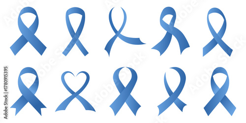Blue ribbon vector collection. Prostate cancer awareness symbol. Movember movement sign.