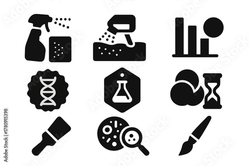 Forensic Analysis Icons. Solid style icons of forensic tagging analysis: spray layer scanner icon, pigment residue chart, chemical