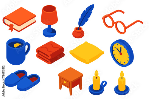 Cozy Night Reading Essentials. Isometric vector illustration set Night Reading Icons: hardcover book, bookmark, night lamp,