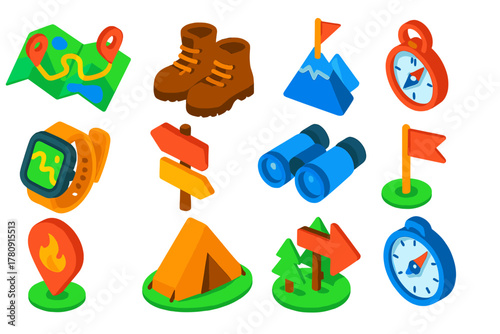 Vibrant Hiking Icons. Isometric vector illustration set Hiking and Outdoor Navigation Icons: trail map, hiking boots, mountain