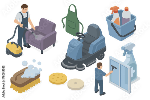 Cleaning Service Tools. Isometric vector illustration set of Cleaning Services: upholstery cleaner, protective apron, bucket with