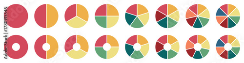 Flat pie and donut chart icons. Pie charts icons. Circle pie charts with varying segments. Different color. Vector illustration.