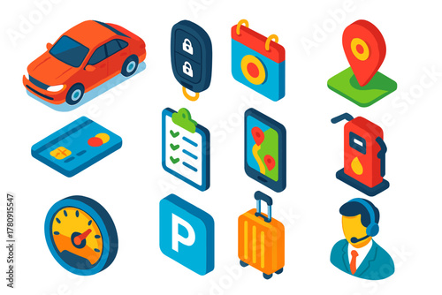 Car Booking Icons. Isometric vector illustration set Car Booking Service Icons: car, remote key, date calendar, GPS location,