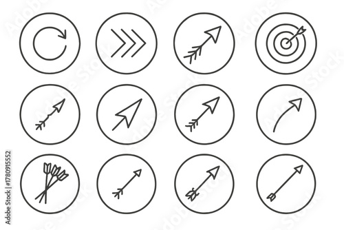 Arrow Icons Collection. Line style icons of arrows in round shape: single arrow, grouped arrows, arrow in flight, arrow in target;