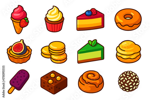 Vivid Dessert Icons. Isometric vector illustration set dessert icons: strawberry cone ice cream, vanilla swirl cupcake, fruit