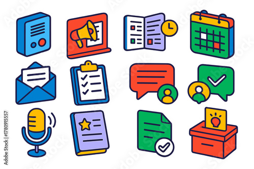 Workplace Communication Icons. Isometric vector illustration set Workplace Communication Tools: office intercom icon, announcement