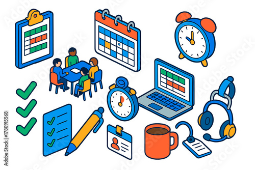 Shift Scheduling Icons. Isometric vector illustration set Staff Shift Scheduling Icons: clipboard with shift plan, wall calendar,