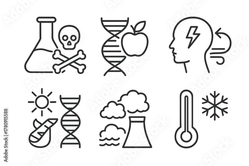 Epigenetics Line Icons. Line style icons of epigenetics and environment: toxin exposure icon, nutrition influence on DNA, stress