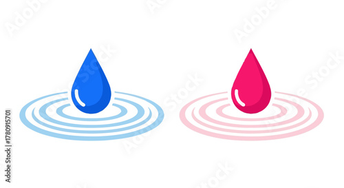 Two colorful water droplets creating concentric ripple effects on a white background