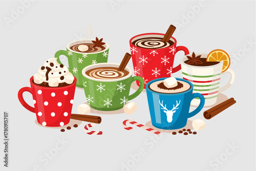 Cozy Christmas Hot Drinks Collection: Cocoa, Spiced Wine, or Coffee Mugs Set with Holiday Decoration