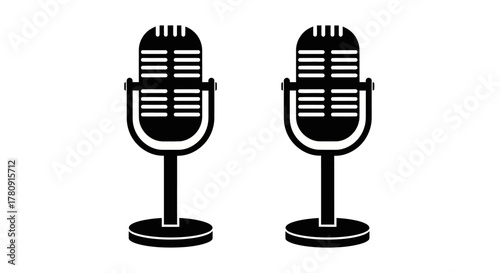 Two vintage style microphones are displayed in a simple black and white illustration