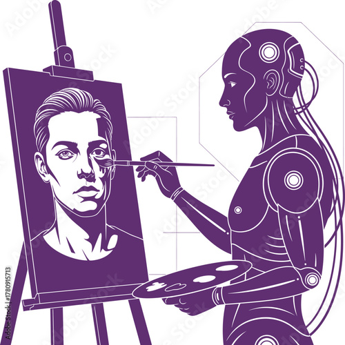Robot artist paints portrait of man on easel with palette and brush android artificial intelligence