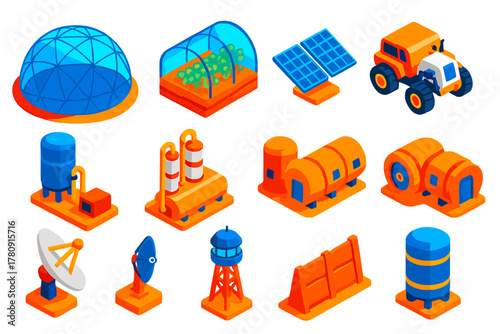 Mars Colonization Icons. Isometric vector illustration set Future Space Colonization: Mars habitat dome, space greenhouse, solar