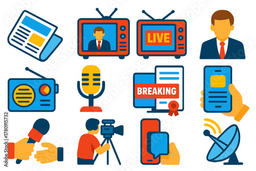 Media Icons Collection. Isometric vector illustration set News and Media Communication: newspaper icon, news broadcast icon, live