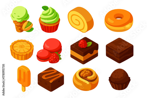 Dessert Icon Collection. Isometric vector illustration set dessert icons: pistachio ice cream, mint swirl cupcake, sponge roll
