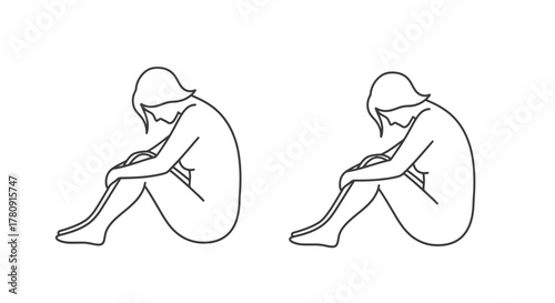 Two minimalist line drawings depict people seated in a posture of sadness