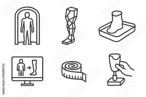 Prosthetic Design Icons. Line style icons of custom-fit prosthetics: body scanner booth, digital limb model, mold casting tray,