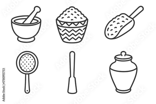 Traditional Grain Tools Icons. Line style icons of traditional grain tools: mortar and pestle, woven grain basket, wooden grain