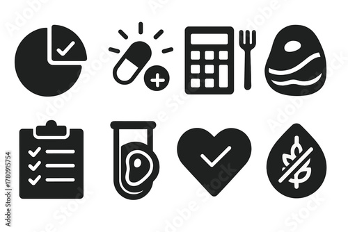 Cultured Meat Nutrition Icons. Solid style icons of cultured meat nutrition: protein pie chart, vitamin boost symbol, calorie