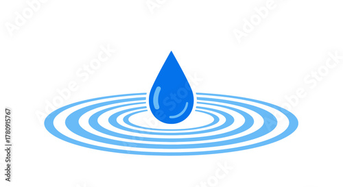 A single blue water droplet creating ripples on a light surface