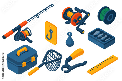 Fishing Gear Icons. Isometric vector illustration set Fishing equipment – spinning rod, baitcasting reel, braided line; tackle box