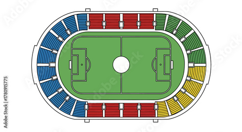 Aerial view of a colorful stadium seating arrangement with a green field