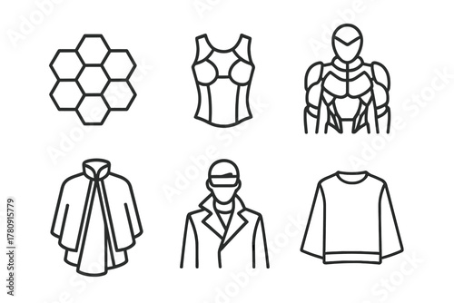 Futuristic Fashion Icons. Line style icons of futuristic fashion aesthetics: hexagonal textile layout, transparent armor-style top