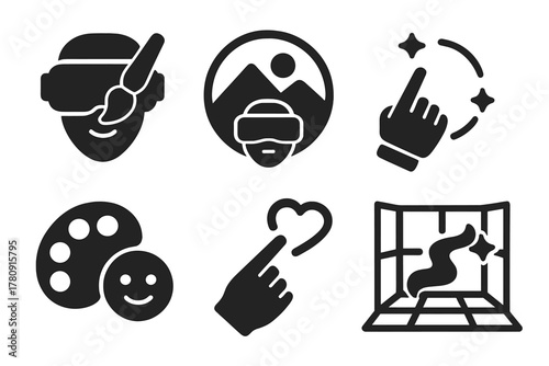VR Art Emotions. Solid style icons of immersive VR painting emotions: headset with emotion brush, VR canvas ring, hand-motion