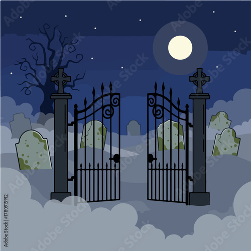Cartoon graveyard scene with open gates, tombstones, and a full moon.